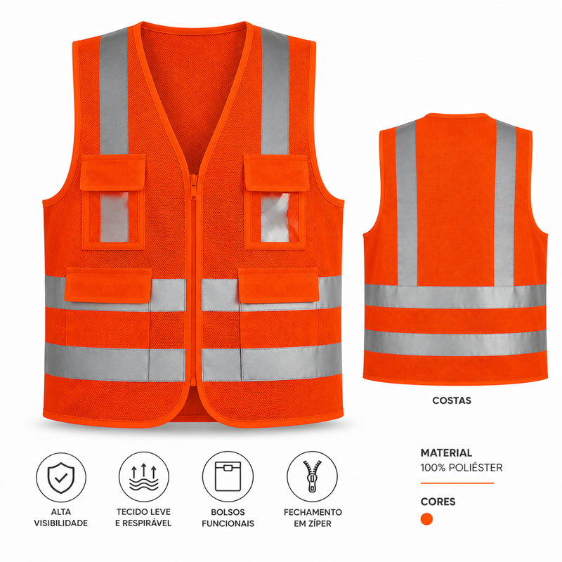 COLETE REFLET 4 BOLSO C/ ZIPER LR FLUOR/CZ T/XXG VOLK